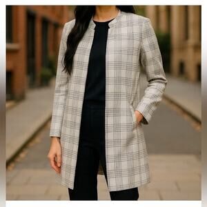 NWT Carolina Belle Plaid Open Front Longline Overcoat Jacket White Black Size M